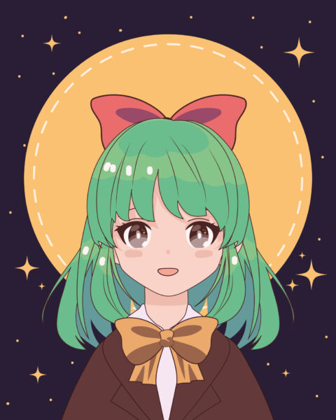 manga style girl with long green hair a bow tie and a bow in her hair she is standing in front of a yellow full moon and a starry sky