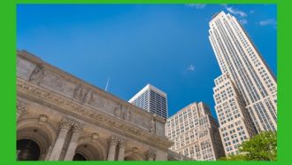 new york public library and skyscrapers in background