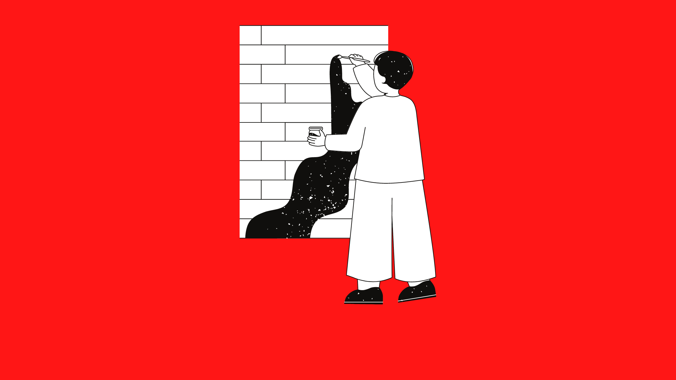 black and white illustration of a person painting on a brick wall set against a red background