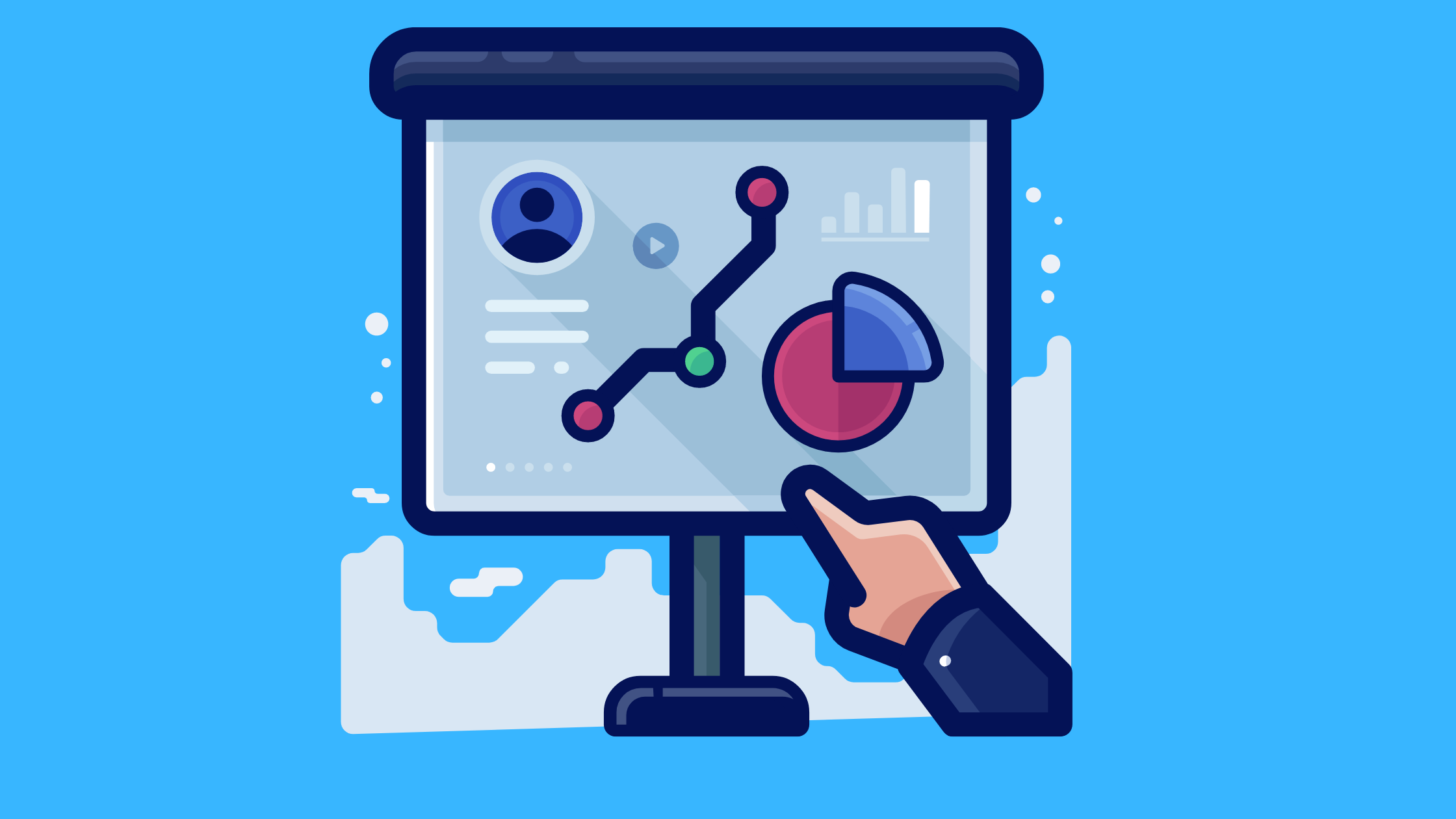 illustration of a hand pointing at data on a screeen