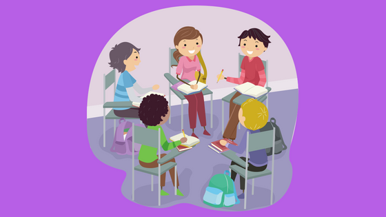 illustration of teens in a circle at desks