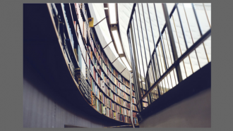 Library shelves and a large wall of windows