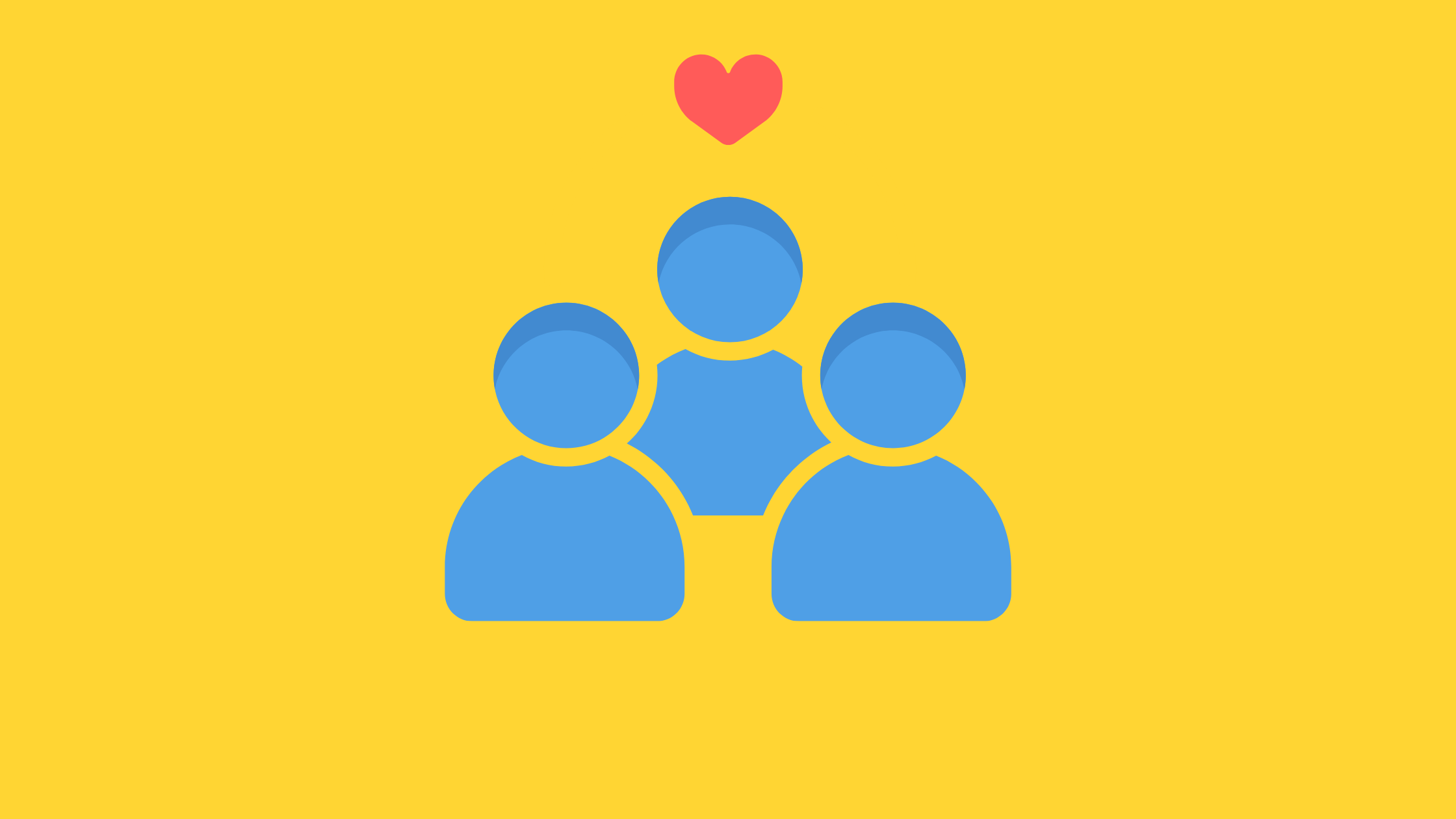 three blue figures with a red heart above them on a yellow background meant to show care for library staff